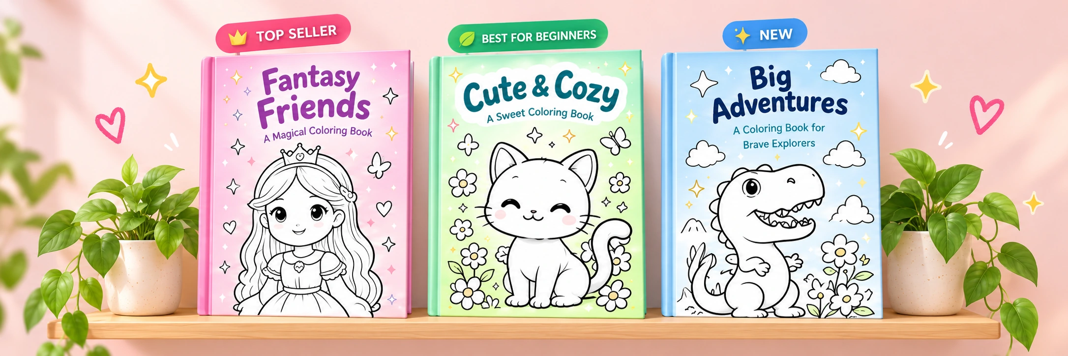 Fantasy Friends, Cute & Cozy and Big Adventures displayed on a colorful bookshelf